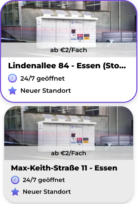 Qeepl-Trefferliste rund um den Essener Hauptbahnhof: Lindenallee 84 - Essen (Storebox) und Max-Keith-Straße 11, jeweils ab 2 € pro Fach, rund um die Uhr