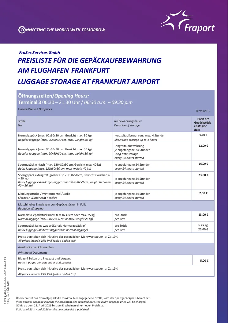 FraSec-Preisliste Gepäckaufbewahrung Terminal 3: gleiche Preise, geöffnet 6:30 bis 21:30 Uhr