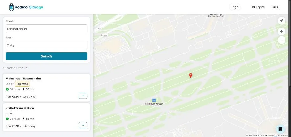 Radical-Storage-Suche am Flughafen Frankfurt: nur Automaten in Hattersheim und Kriftel