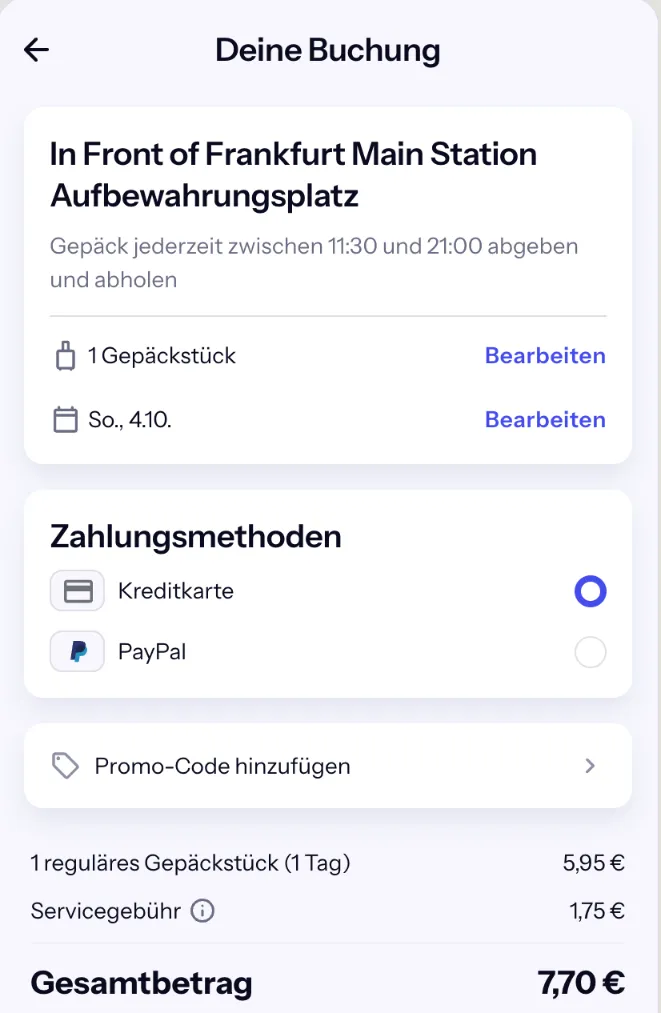Bounce-Checkout am Frankfurter Hauptbahnhof: 5,95 € für einen Koffer plus 1,75 € Servicegebühr, gesamt 7,70 €