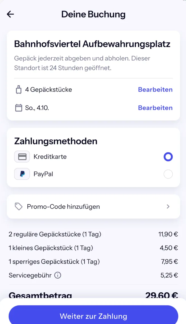 Bounce-Checkout für 4 Gepäckstücke: 2 Koffer 11,90 €, Handtasche 4,50 €, Sperrgepäck 7,95 €, Servicegebühr 5,25 €, gesamt 29,60 €