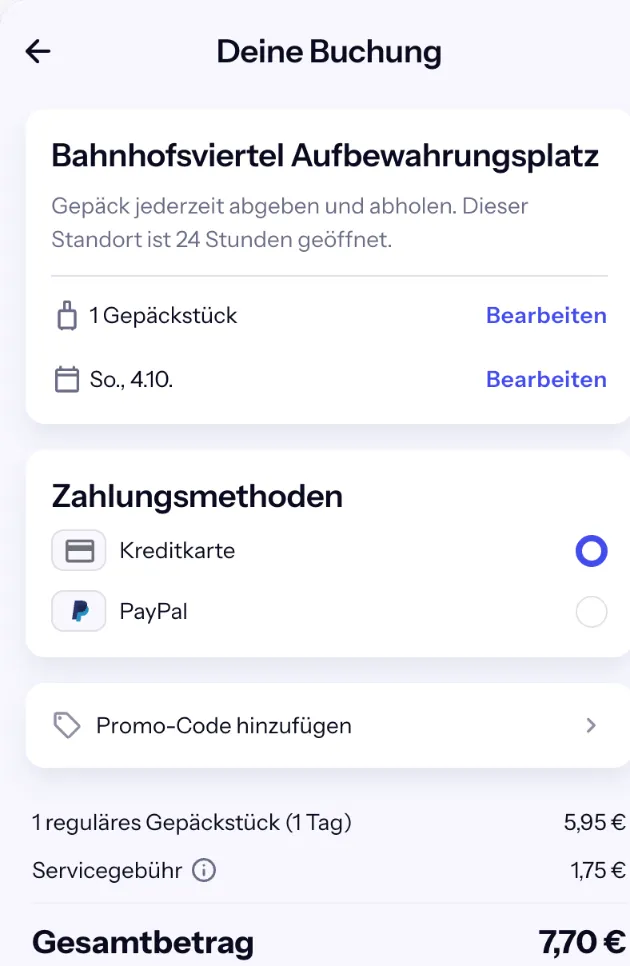 Bounce-Checkout Hotel Bahnhofsviertel, 24 Stunden geöffnet: 5,95 € plus 1,75 € Servicegebühr, gesamt 7,70 €