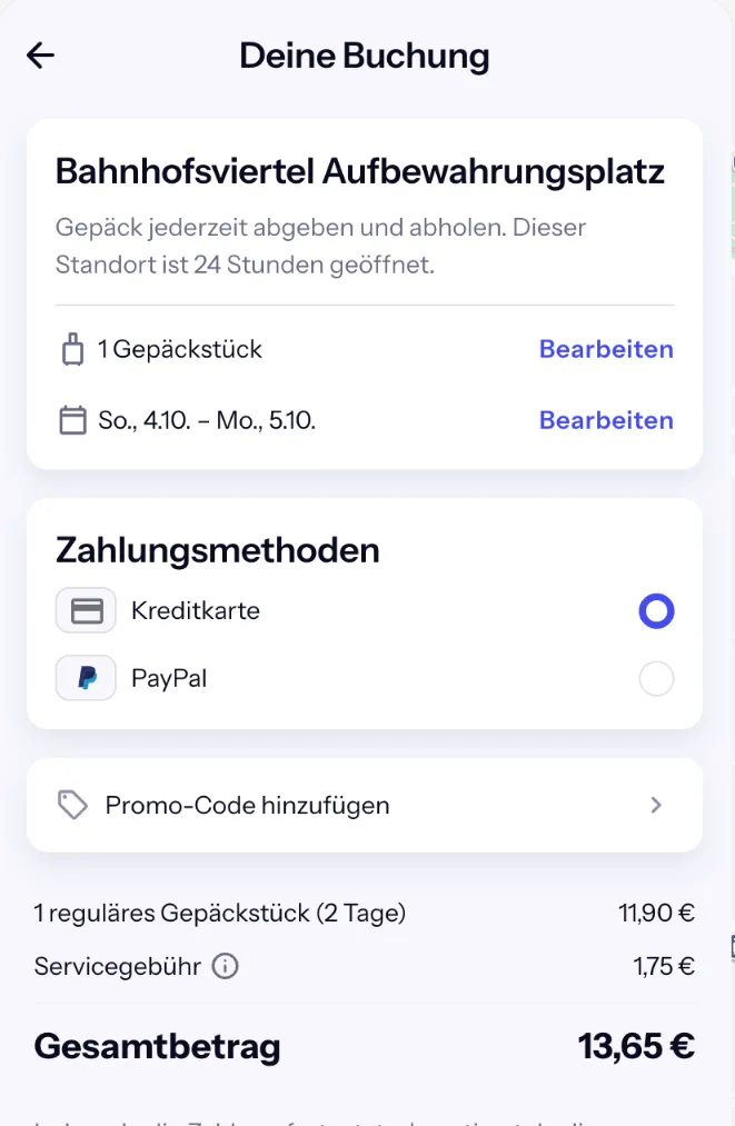 Bounce-Checkout über Nacht von Sonntag bis Montag: 2 Tage für 11,90 € plus 1,75 €, gesamt 13,65 €