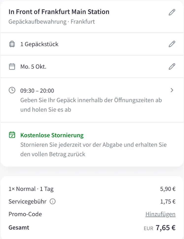 Nannybag-Checkout für den Laden vor dem Frankfurter Hauptbahnhof: 5,90 € plus 1,75 € Servicegebühr, gesamt 7,65 €