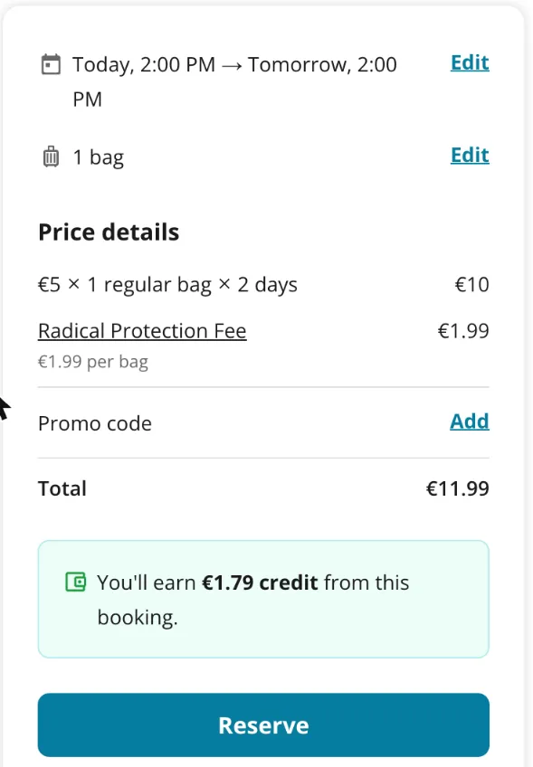 Radical-Storage-Checkout: 24 Stunden von 14 Uhr bis 14 Uhr am Folgetag werden als 2 Tage berechnet, gesamt 11,99 €
