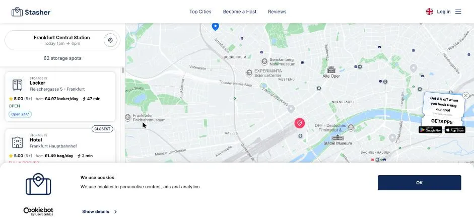 Stasher-Suche am Frankfurter Hauptbahnhof: Hotel für 1,49 € ausgebucht, sonst nur Automaten 47 und 59 Minuten entfernt