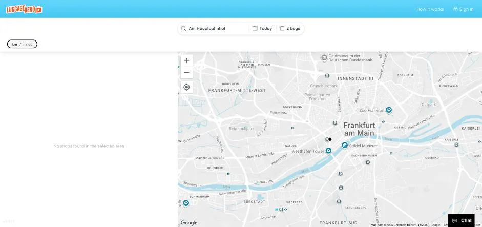 LuggageHero-Suche am Frankfurter Hauptbahnhof: No shops found in the selected area