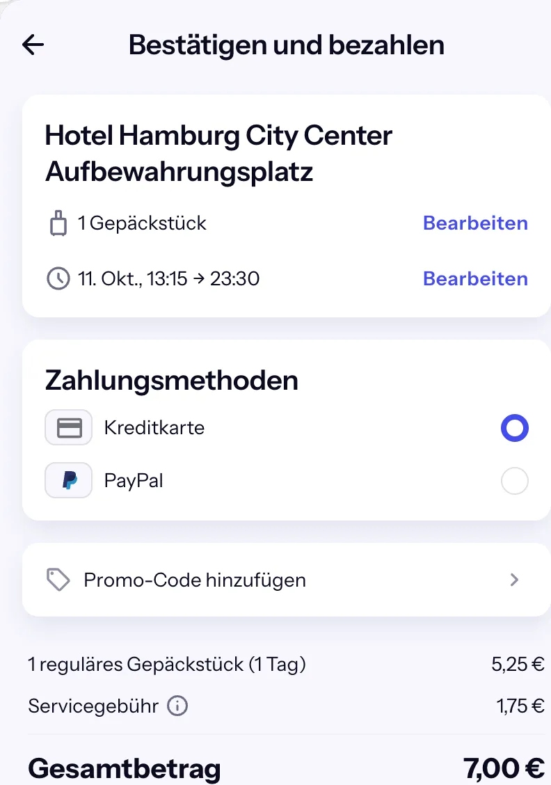 Bounce-Checkout Hotel Hamburg City Center: 1 reguläres Gepäckstück 5,25 € plus Servicegebühr 1,75 €, gesamt 7,00 €