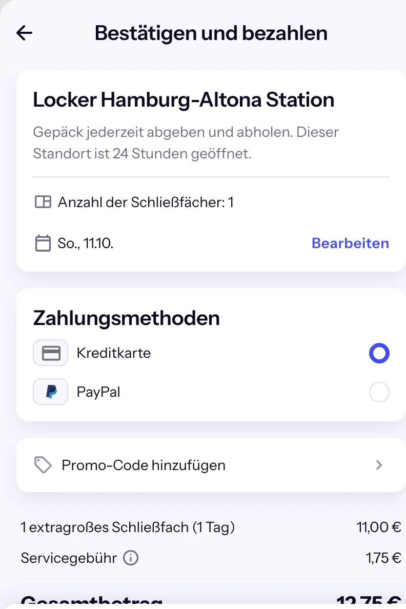Bounce-Checkout für den Locker Hamburg-Altona Station: 1 extragroßes Schließfach 11,00 € plus Servicegebühr 1,75 €, gesamt 12,75 €