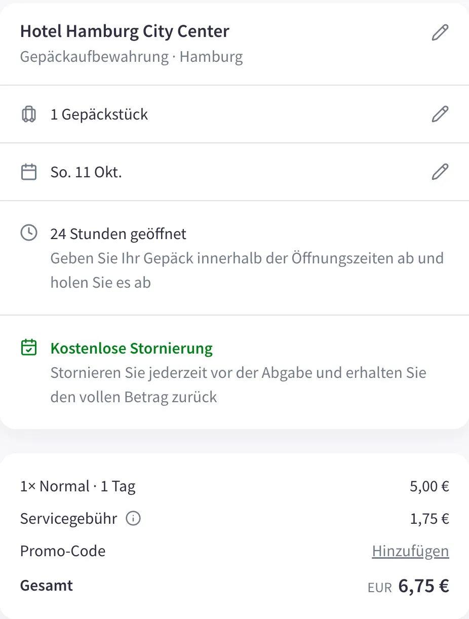 Nannybag-Checkout für dasselbe Hotel Hamburg City Center: 1× Normal 5,00 € plus Servicegebühr 1,75 €, gesamt 6,75 €