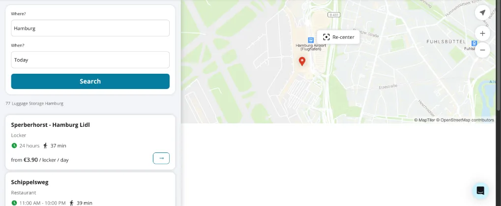 Radical-Storage-Suche am Flughafen Hamburg: nächster Treffer ein Schließfachautomat an einem Lidl, 37 Minuten zu Fuß