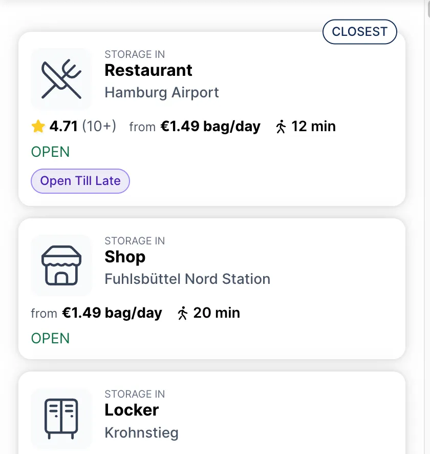 Stasher-Suche am Flughafen Hamburg: nächster Treffer ein Restaurant 12 Minuten zu Fuß, danach ein Laden an der Station Fuhlsbüttel Nord