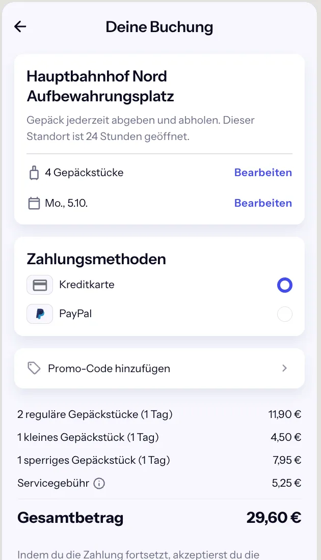 Bounce-Checkout für 4 Gepäckstücke: 2 Koffer 11,90 €, Handtasche 4,50 €, Sperrgepäck 7,95 €, Servicegebühr 5,25 €, gesamt 29,60 €