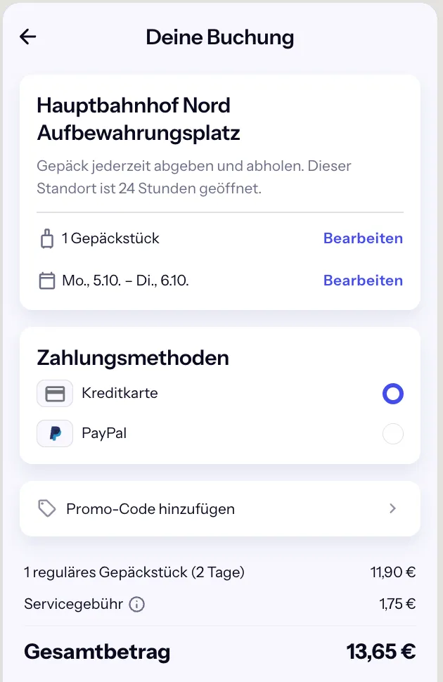 Bounce-Checkout von Montag bis Dienstag: 1 Koffer, 2 Tage für 11,90 € plus 1,75 €, gesamt 13,65 €