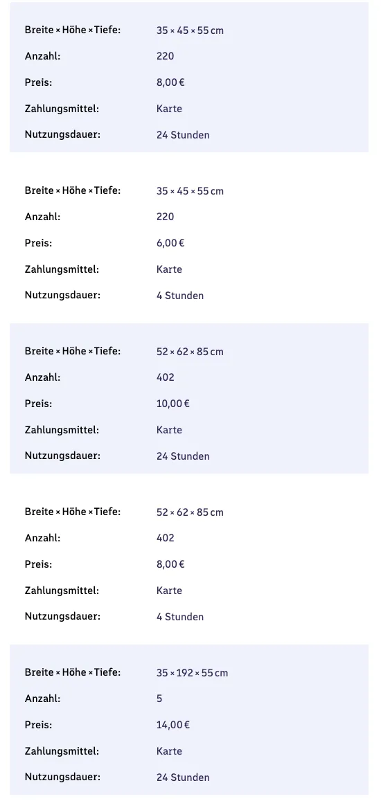 Preisliste der DB-Schließfächer im Hamburger Hauptbahnhof: 6 € und 8 € für 4 Stunden, 8 €, 10 € und 14 € für 24 Stunden, nur Karte