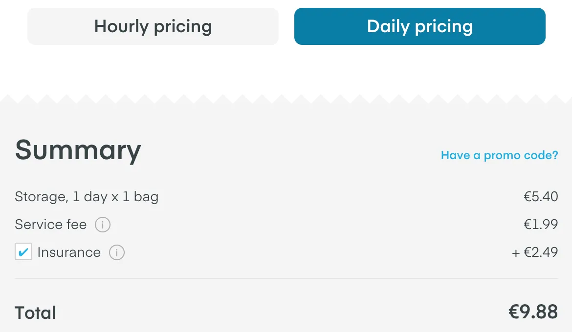 LuggageHero-Checkout Hamburg Hbf: 5,40 € pro Tag, 1,99 € Servicegebühr und eine vorausgewählte Versicherung für 2,49 €, gesamt 9,88 €