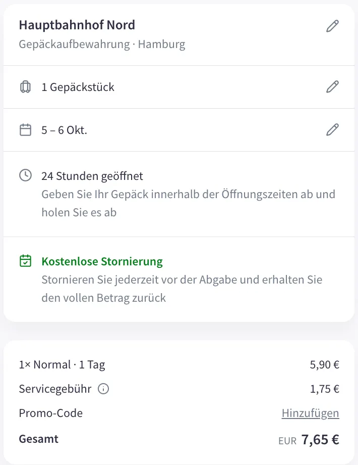Nannybag-Checkout Hauptbahnhof Nord, 5. bis 6. Oktober: 1 Koffer, 1 Tag, 5,90 € plus 1,75 € Servicegebühr, gesamt 7,65 €