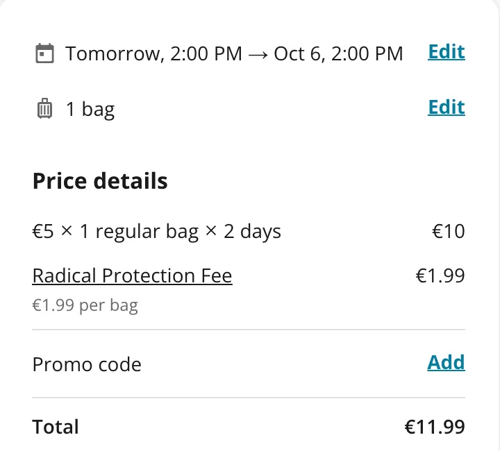 Radical-Storage-Checkout: 14 Uhr bis 14 Uhr am Folgetag als 2 Tage berechnet, 10 € plus 1,99 €, gesamt 11,99 €