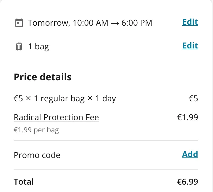 Radical-Storage-Checkout Hamburg Hbf Central Station: 5 € für einen Koffer plus 1,99 € Radical Protection Fee, gesamt 6,99 €
