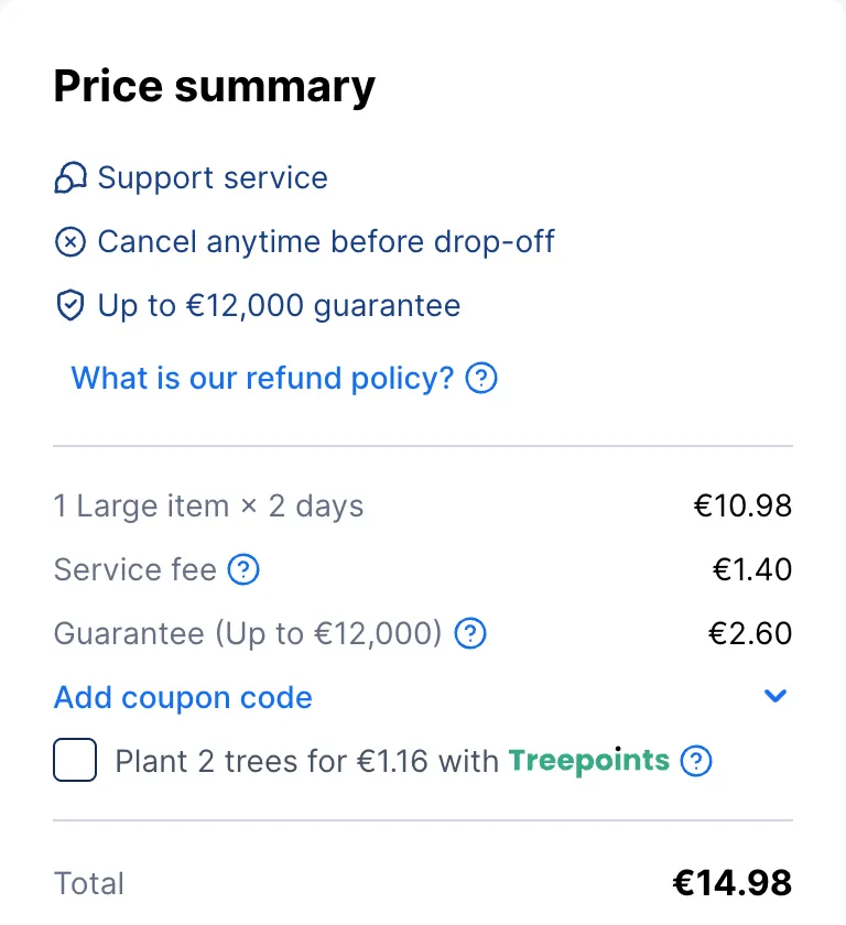 Stasher-Checkout über Nacht: 1 Large item × 2 days 10,98 €, Service fee 1,40 €, Guarantee 2,60 €, gesamt 14,98 €