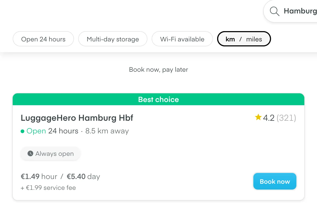 LuggageHero-Suche am Flughafen Hamburg: bester Treffer ist der Standort am Hauptbahnhof, 8,5 km entfernt