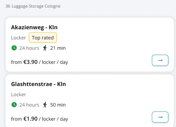 Radical-Storage-Liste am Flughafen Köln/Bonn: Automat Akazienweg 21 Minuten zu Fuß ab 3,90 €, Glashüttenstraße 50 Minuten