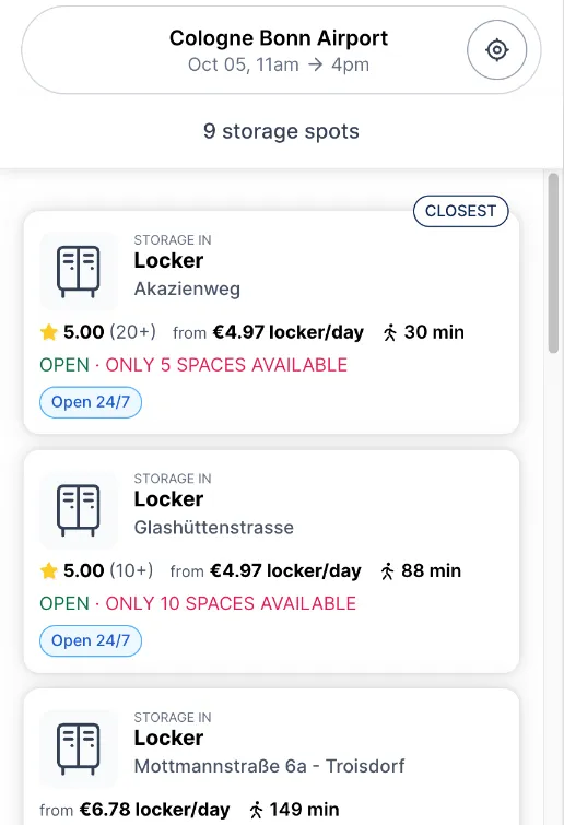 Stasher-Suche am Flughafen Köln/Bonn: nächster Treffer ein Automat am Akazienweg, 30 Minuten zu Fuß, danach 88 und 149 Minuten