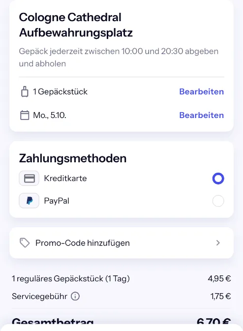 Bounce-Checkout für den Laden am Kölner Dom: 4,95 € für einen Koffer plus 1,75 € Servicegebühr, gesamt 6,70 €