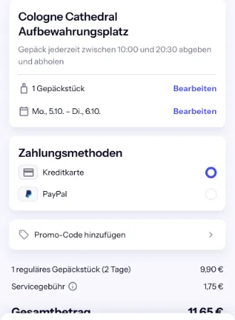 Bounce-Checkout von Montag bis Dienstag: 2 Tage für 9,90 € plus 1,75 €, gesamt 11,65 €