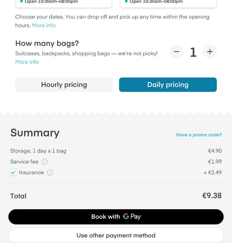 LuggageHero-Checkout am Kölner Hbf: 1 Tag 4,90 €, Servicegebühr 1,99 €, vorausgewählte Versicherung 2,49 €, gesamt 9,38 €