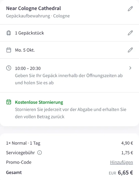 Nannybag-Checkout für den Laden Near Cologne Cathedral: 4,90 € plus 1,75 € Servicegebühr, gesamt 6,65 €