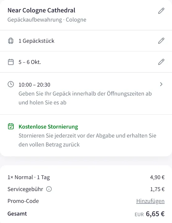 Nannybag-Checkout vom 5. Oktober 14 Uhr bis 6. Oktober 14 Uhr: 1 Tag für 4,90 € plus 1,75 €, gesamt 6,65 €