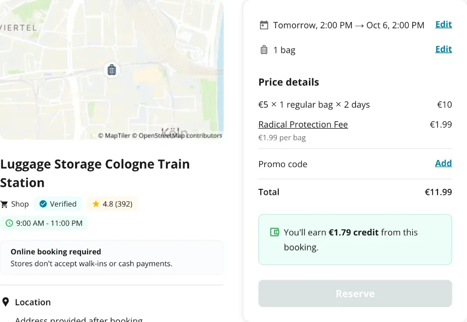 Radical-Storage-Checkout: 14 Uhr bis 14 Uhr am Folgetag als 2 Tage berechnet, gesamt 11,99 €
