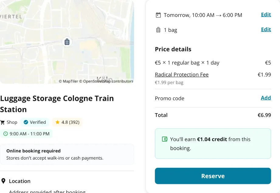 Radical-Storage-Checkout in Köln: 5 € für einen Koffer plus 1,99 € Radical Protection Fee, gesamt 6,99 €