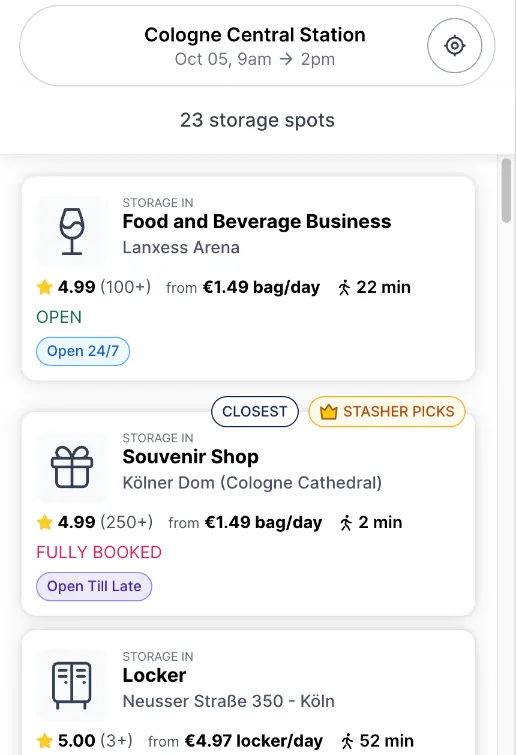Stasher-Suche am Kölner Hauptbahnhof für 9 Uhr: Souvenirladen am Dom 2 Minuten, Fully booked; nächster Treffer Lanxess Arena 22 Minuten
