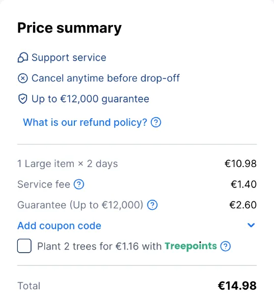 Stasher-Checkout über Nacht: 2 Tage 10,98 €, Service fee 1,40 €, Guarantee 2,60 €, gesamt 14,98 €