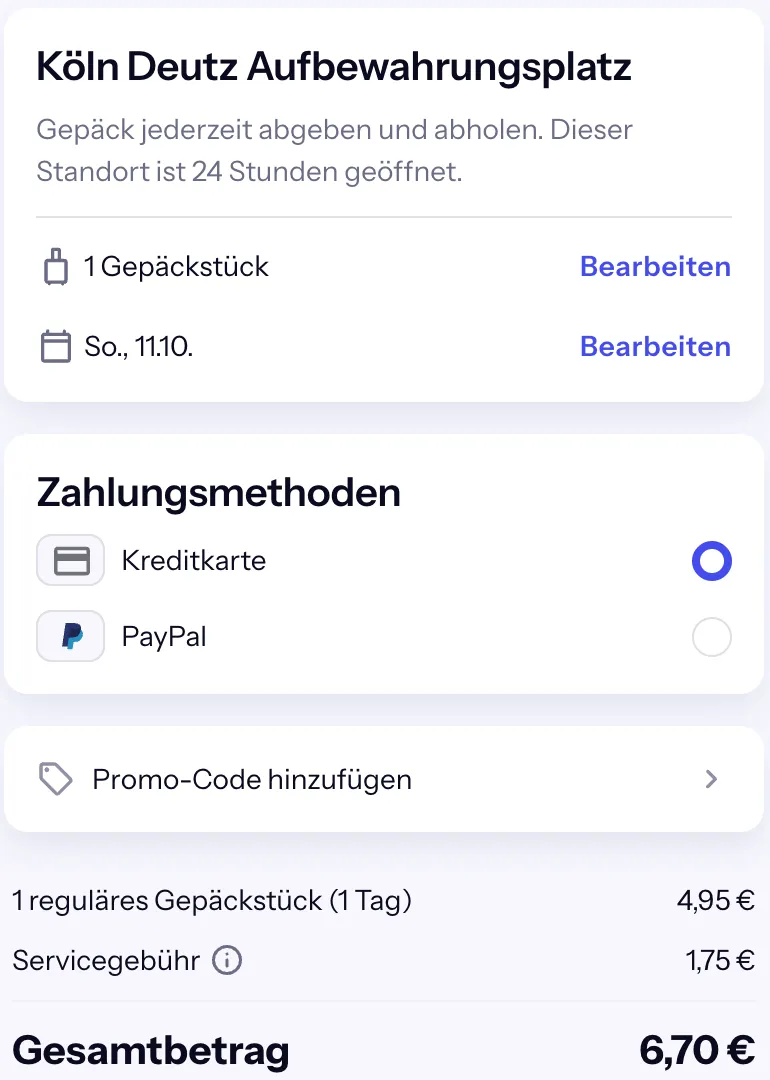 Bounce-Checkout für den Kiosk Köln Deutz: 1 reguläres Gepäckstück (1 Tag) 4,95 € plus Servicegebühr 1,75 €, gesamt 6,70 €, 24 Stunden geöffnet