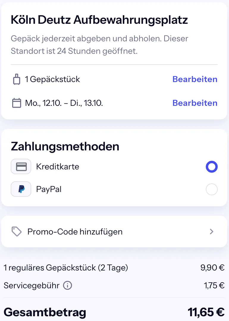 Bounce-Checkout von Montag 12. bis Dienstag 13. Oktober: 1 reguläres Gepäckstück (2 Tage) 9,90 € plus 1,75 €, gesamt 11,65 €