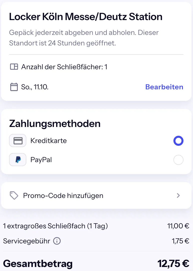 Bounce-Checkout für den Locker Köln Messe/Deutz Station: 1 extragroßes Schließfach (1 Tag) 11,00 € plus Servicegebühr 1,75 €, gesamt 12,75 €