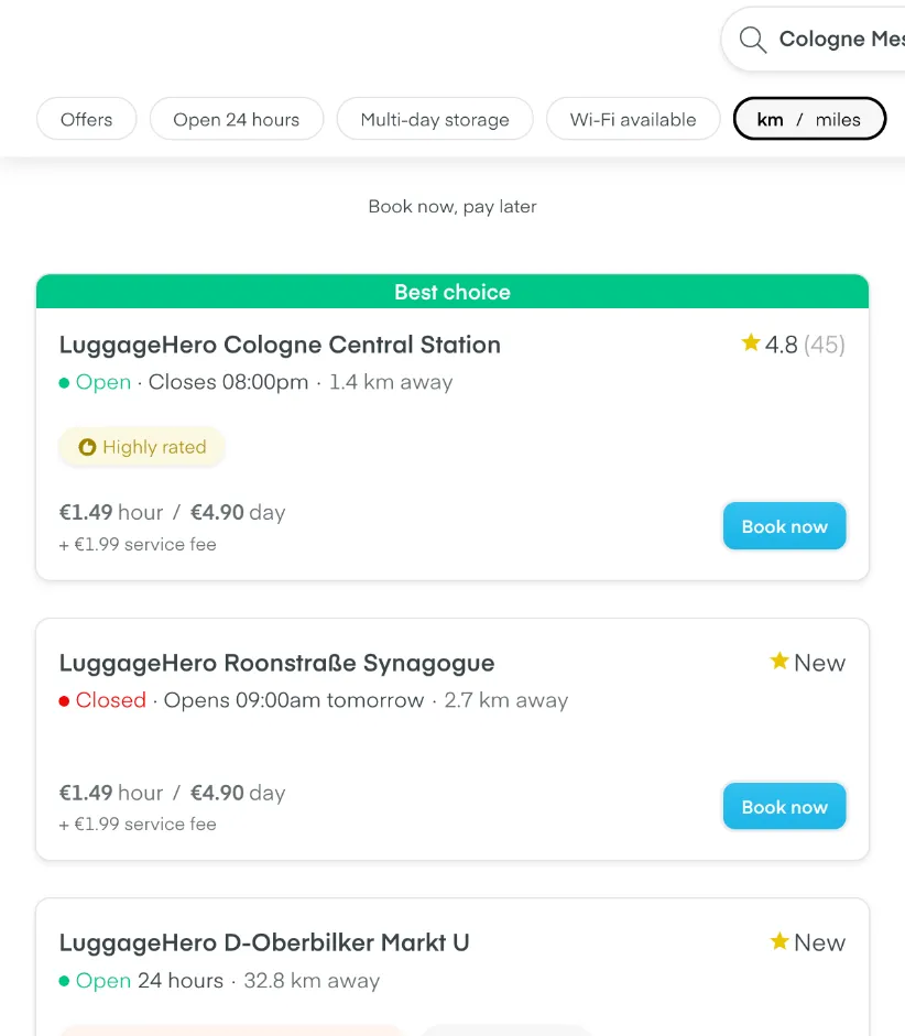 LuggageHero-Suche am Bahnhof Köln Messe/Deutz: nächste Treffer Cologne Central Station 1,4 km, Roonstraße 2,7 km und Düsseldorf 32,8 km