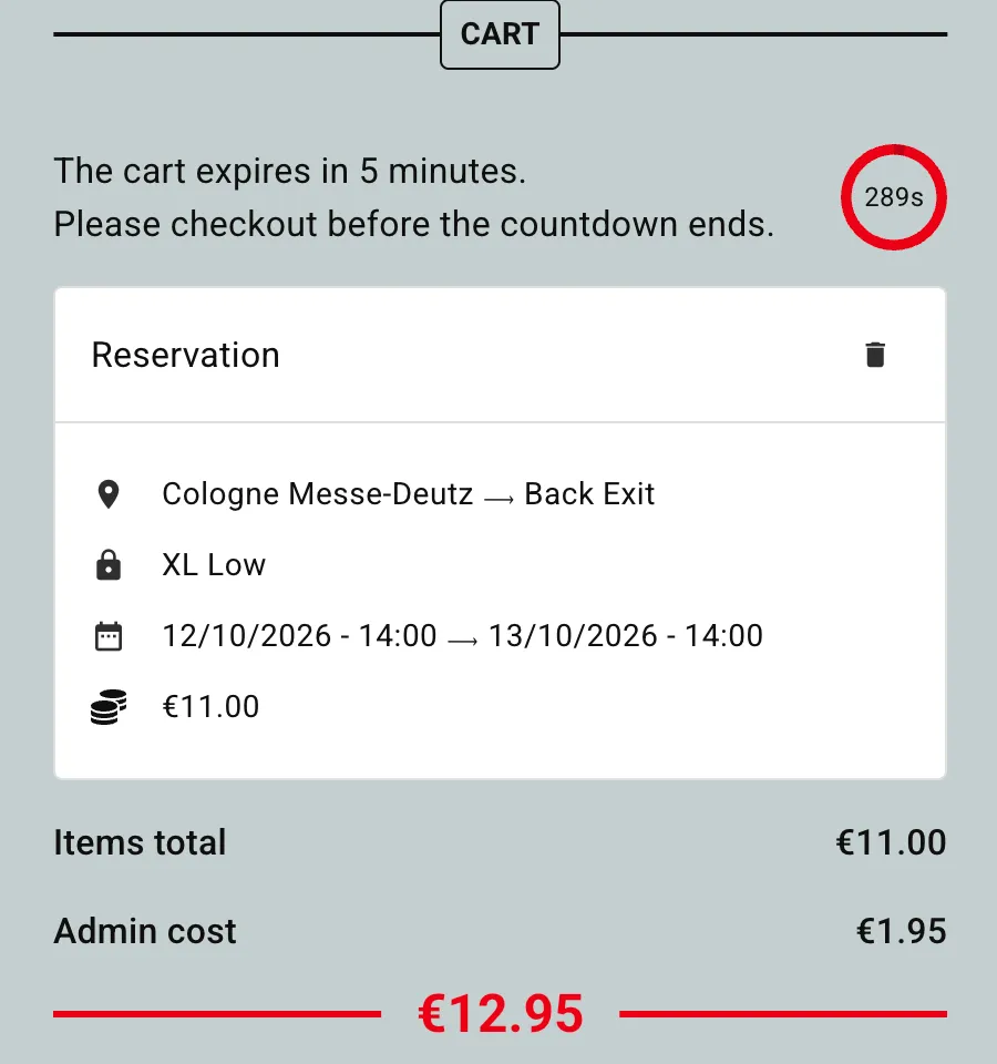 Mobile-Locker-Warenkorb: XL-Fach am Back Exit vom 12. Oktober 14 Uhr bis 13. Oktober 14 Uhr, 11 € plus 1,95 € Admin cost, gesamt 12,95 €