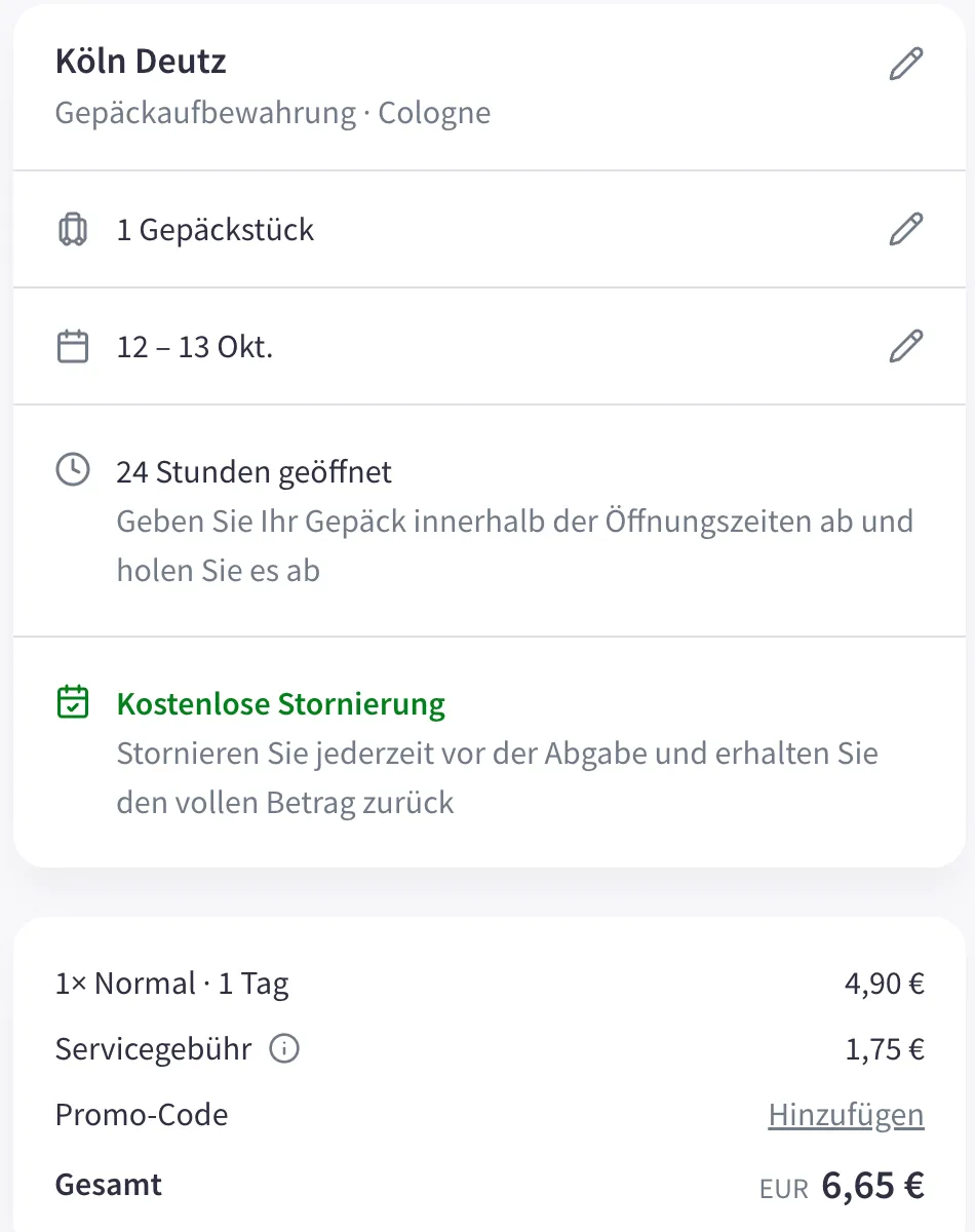 Nannybag-Checkout für den Kiosk Köln Deutz vom 12. bis 13. Oktober: 1× Normal, 1 Tag 4,90 €, Servicegebühr 1,75 €, gesamt 6,65 €, 24 Stunden geöffnet