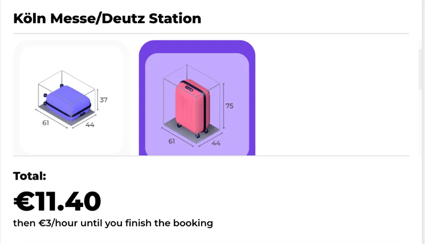 Qeepl-Buchung am Locker Köln Messe/Deutz Station: Large-Fach 61 × 44 × 75 cm, 11,40 € sofort, danach 3 € pro Stunde bis zum Abschluss der Buchung