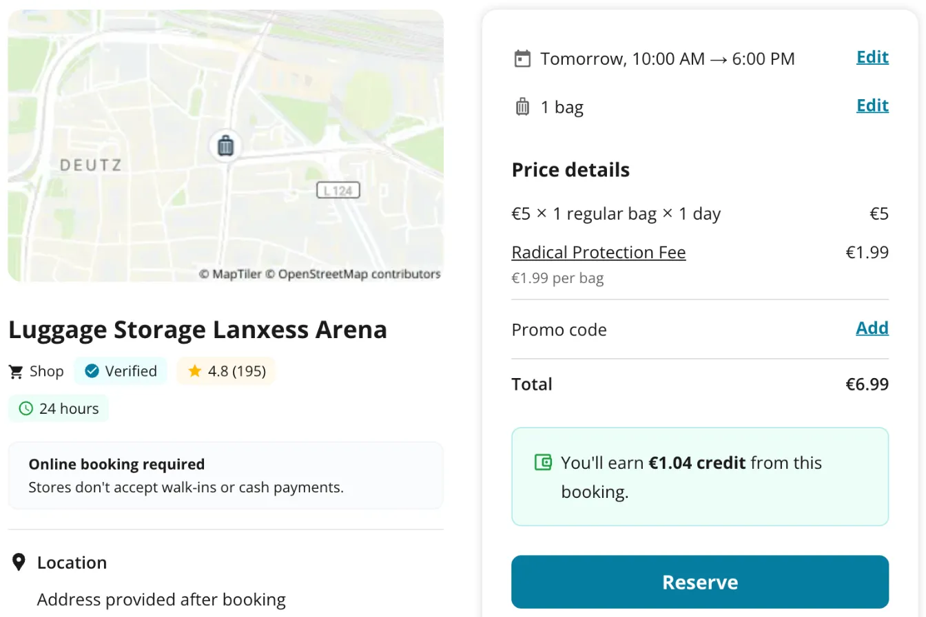 Radical-Storage-Checkout für den Shop Lanxess Arena, 24 Stunden geöffnet: 5 € für einen Koffer und einen Tag plus Radical Protection Fee 1,99 €, gesamt 6,99 €