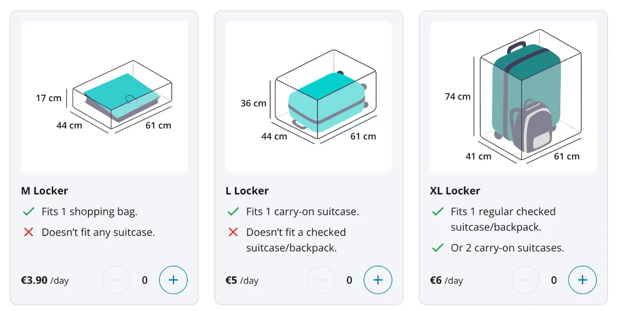 Radical-Storage-Größenauswahl am Locker Cologne Trade Fair/Deutz: M 44 × 17 × 61 cm für 3,90 € (kein Koffer), L 44 × 36 × 61 cm für 5 € (Handgepäck), XL 41 × 74 × 61 cm für 6 € (Aufgabekoffer)