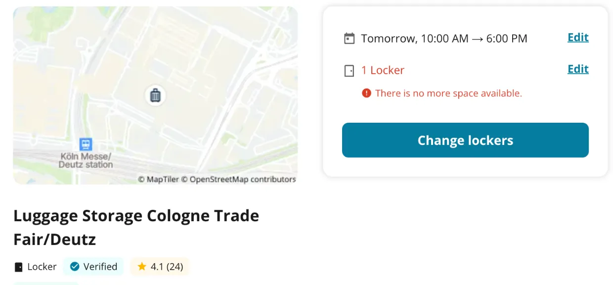 Radical-Storage-Hinweis für ein XL-Fach am Locker Cologne Trade Fair/Deutz am Montag 12. Oktober, 10 bis 18 Uhr: There is no more space available