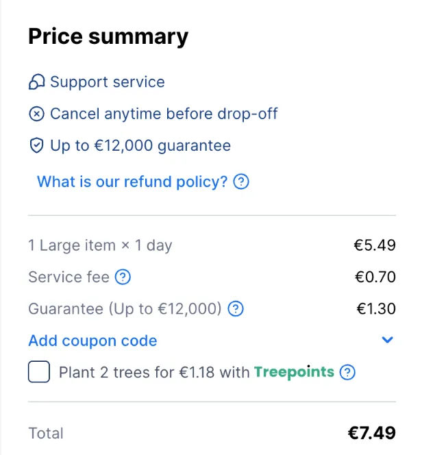 Stasher-Checkout für Food and Beverage Business Lanxess Arena: 1 Large item 5,49 €, Service fee 0,70 €, Guarantee 1,30 €, gesamt 7,49 €