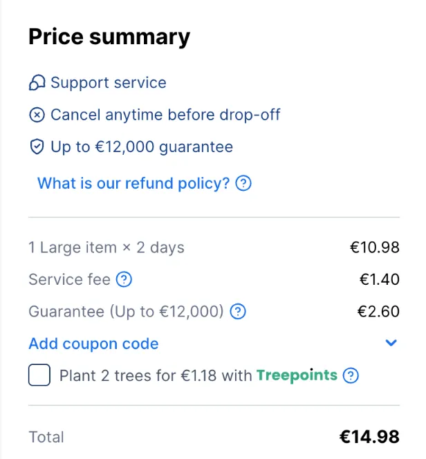 Stasher-Checkout über Nacht: 1 Large item für 2 Tage 10,98 €, Service fee 1,40 €, Guarantee 2,60 €, gesamt 14,98 €