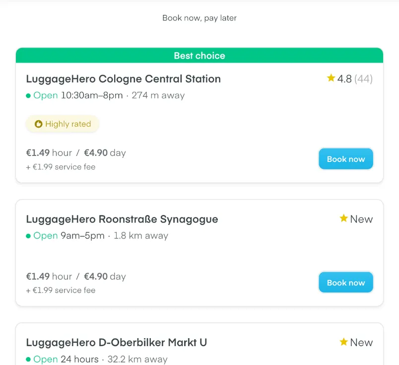 LuggageHero-Suche am Kölner Hauptbahnhof: Cologne Central Station 274 m, Roonstraße 1,8 km, dritter Treffer in Düsseldorf