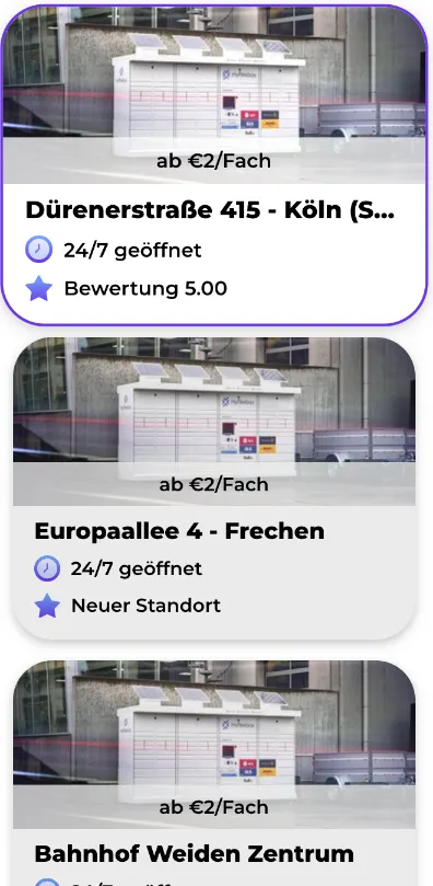 Qeepl-Karte für Köln: Automaten an der Dürener Straße 415, in Frechen und am Bahnhof Weiden Zentrum, je ab 2 € pro Fach